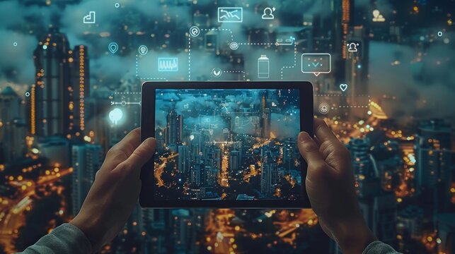 Internet of things in smart city concept with businessman hand holds digital tablet with night skyscrapers and digital social network icons