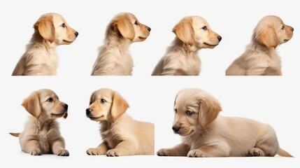 Golden retriever puppy multiple angles portrait shots on isolated background png