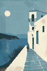 Very minimalist illustration, greece, blue and white, retro style, generated with ai