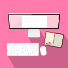 Top view of personal computer with keyboard, mouse and paper diary on pink background, vector