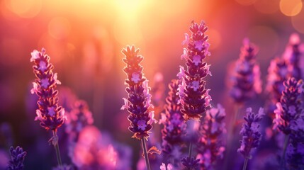 Fototapeta premium Violet, crown chakra, sunrise over lavender plants, shot with dslr camera reflecting natural light, tranquil backdrop, generated with ai