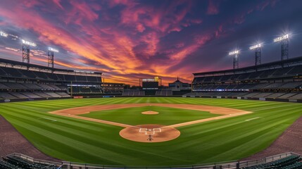 Baseball stadium with bright lights on. stands and field are empty. setting is dusk with orange, pink, and purple skies., generated with ai