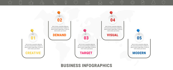 Vector modern infographic flat template pin and circles for diagram, graph, presentation. Business concept with 5 options and marks. Blank space for content, step for step, timeline, workflow