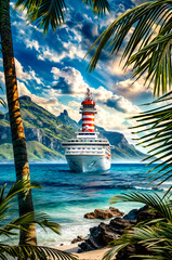 Painting of cruise ship in the ocean with mountains in the background.