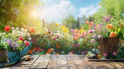 A wooden table is covered with a variety of vibrant flowers and garden tools against a blurred natural background. Generative AI