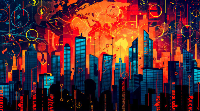 Painting of cityscape with clock in the middle of it.