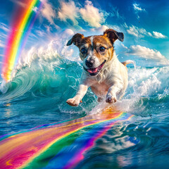 Dog riding surfboard in the ocean with rainbow in the background.