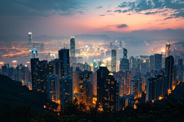 Fototapeta premium Hongkong view, Panoramic view of modern city skyline in Hongkong, Ai generated