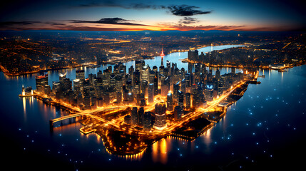 Fototapeta premium Planet Earth at night from space showing North America connected to the rest of the world, global community concept illustration