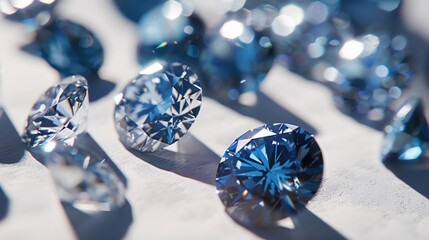 Close up of many luxury crystal blue diamonds with shadows. Generated AI image
