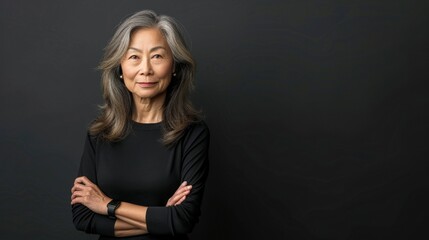 Fototapeta premium Woman standing with arms crossed against black backdrop