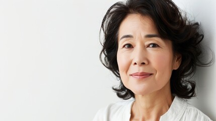 A woman with black hair elegantly poses in a white shirt