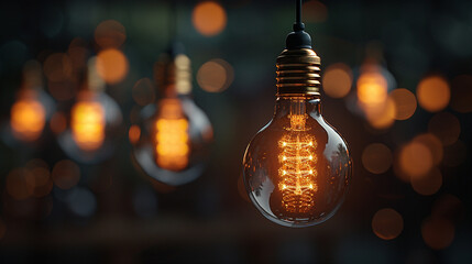Close-up of illuminated vintage edison light bulbs with warm bokeh background in technology category - Powered by Adobe