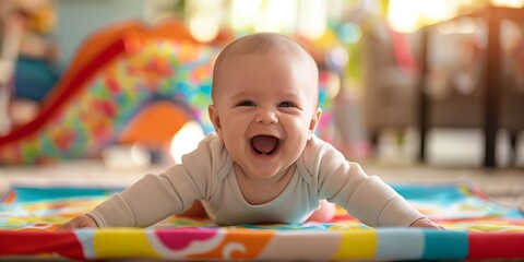 An adorable baby laughing during tummy time on a colorful play mat, symbolizing joy and early development