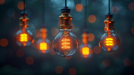 Close-up of vintage light bulbs with glowing filaments in blurred bokeh background for graphic resources and design inspiration