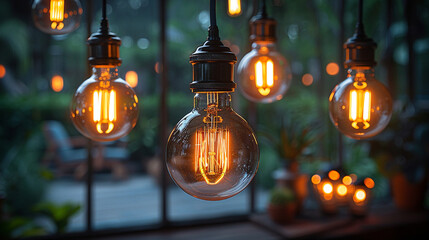 Vintage filament light bulbs in dimly lit modern interior with greenery in background - Powered by Adobe