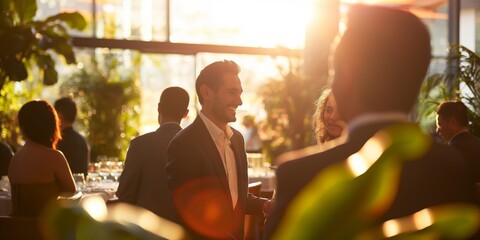 The photo captures individuals at a business event during sunset with warm lighting and an indoor setting