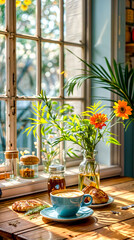 Couple of vases filled with flowers sitting on window sill.