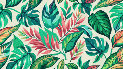 Vibrant Hand-Painted Tropical Foliage Pattern - Seamless Floral Design with Colorful Leaves