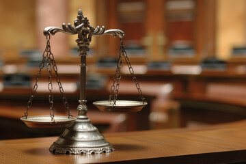 Antique balanced scales of justice on a wooden table, with a blurred background of a classic courtroom setting