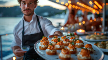 A waiter at a luxurious soiree on a heritage ship deck, holding a tray of Italian canapes, with a starlit night and elegant guests.generative ai