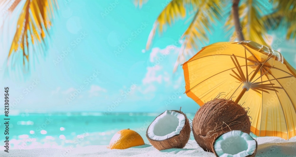 Wall mural yellow umbrella and two coconuts on beach