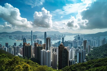 Obraz premium Hongkong view, Panoramic view of modern city skyline in Hongkong, Ai generated