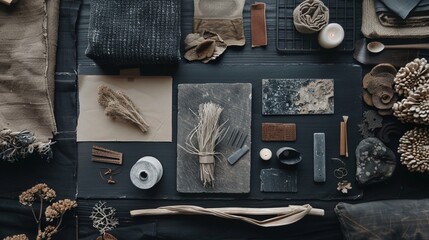 Flat lay composition of creative black architect moodboard with samples of building, textile and natural materials and personal accessories. Top view