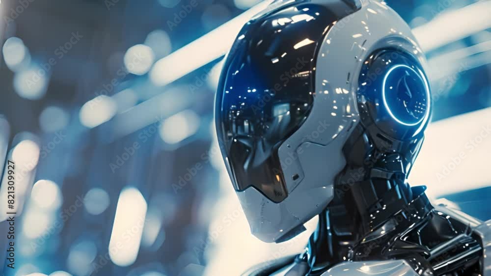 Poster A robot stands in a high-tech setting, showcasing advanced technology and innovation.