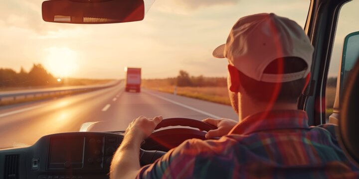 Inside view of a truck cab with a man driving on the highway as the sun rises, creating a warm glow