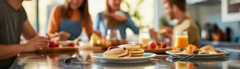 A family gathers around a kitchen table enjoying a healthy homemade breakfast with visible pancakes