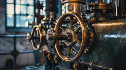 Fototapeta premium Industrial Revolution, Vintage Machinery, Brass Valves Close-up of intricate brass valves on a vintage industrial machine, showcasing the beauty of historical engineering.