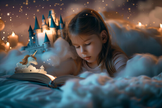 girl reading fairy tales with unicorn and castle on the cloud on the dreamy blurred background in bed - Powered by Adobe