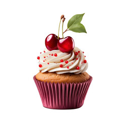 a cupcake with cherries on the top and a green leaf on the top isolated on transparent background