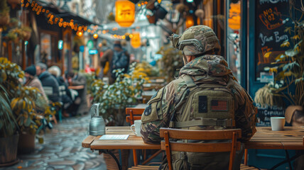 Fototapeta premium military personnel in a hipster coffee shop drinking coffee. sunny day generative ai