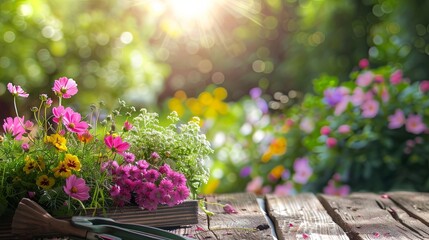 A wooden table covered with a variety of vibrant flowers and garden tools against a blurred natural backdrop. Generative AI