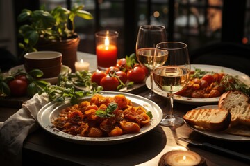 Romantic dinner in the light of candles with Italian food., generative IA