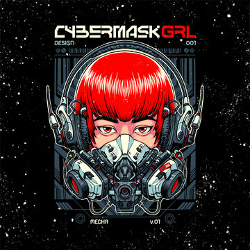 illustration of a red haired girl using a future mask in a robotic style vector file