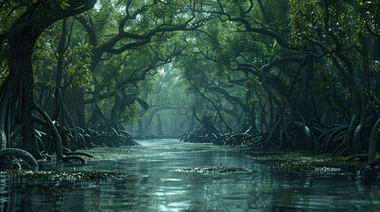 Dense tropical mangrove forest with twisted roots and reflective water