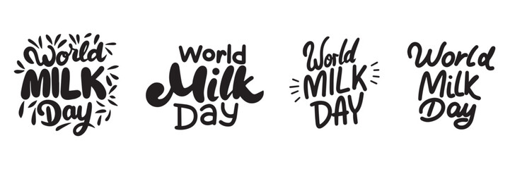 Collection of World Milk Day text. Hand drawn vector art.
