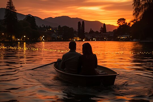 Couple appreciates sunset in a romantic boat trip., generative IA