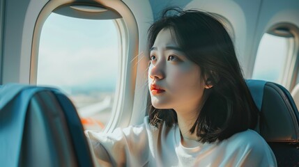Portrait Asian woman sitting while looking out the window in inside airplane. Generated AI image