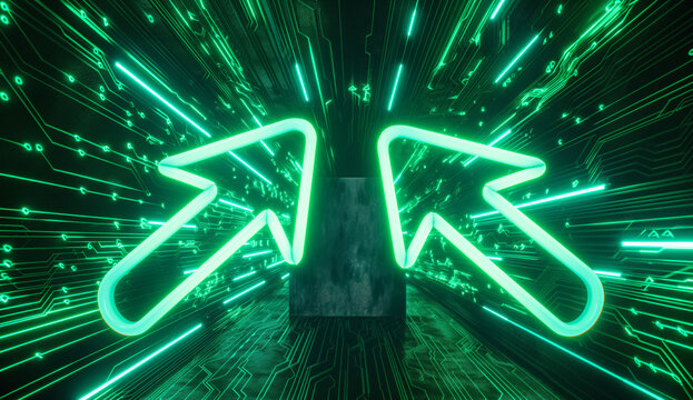 Glowing in darkness, a neon sign with arrows pointing opposite ways captivates, symbolizing contrasting directions. Generative AI