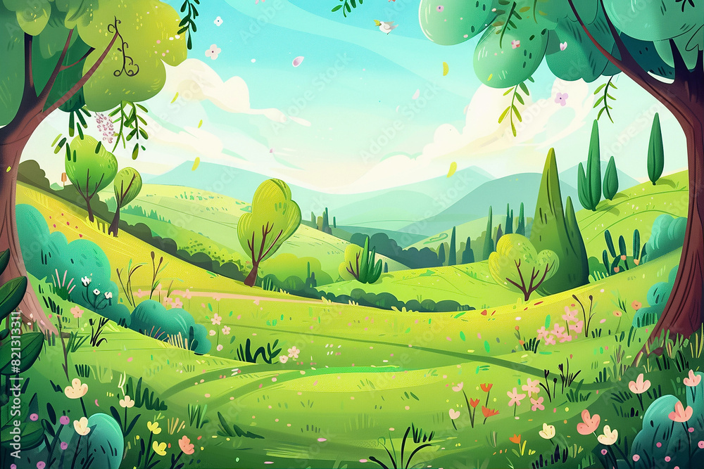 Wall mural cartoon background for children's book, backdrop for product preview, summer landscape with green me