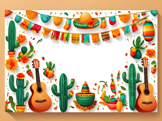 Naklejka premium Cinco de Mayo Mexican festive banner. The horizontal card of Mexican culture symbolizes the collection of maracas, pinatas, jalapenos, fruit, sombrero, cactus, guitar Cinco de Mayo web header design.
