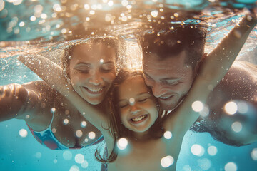 A joyful underwater view of a happy happy family of three smiling and embracing while swimming together showcasing their bond and enjoyment of summer activities