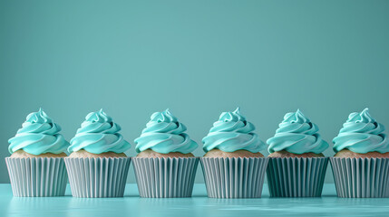 Row plain monochrome light turquoise frosted cupcakes simple blue background, minimalism, copy space
