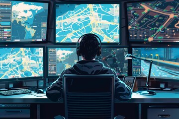 Obraz premium Logistics Coordinator Monitoring Road Traffic and Managing Deliveries on Multiple Screens for Efficient Transportation Planning