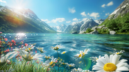 A beautiful mountain lake with a field of white flowers on the shore - Powered by Adobe