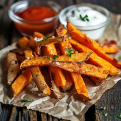 Testy potato fries, Sweet potato fries with sauce on wood table Selection. Ai generated